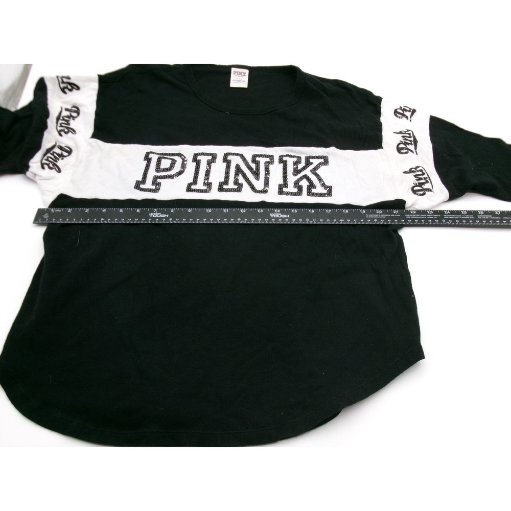 Victoria's Secret PINK Black White Colorblock Glitter Logo Long Sleeve Shirt L - Picture 7 of 15